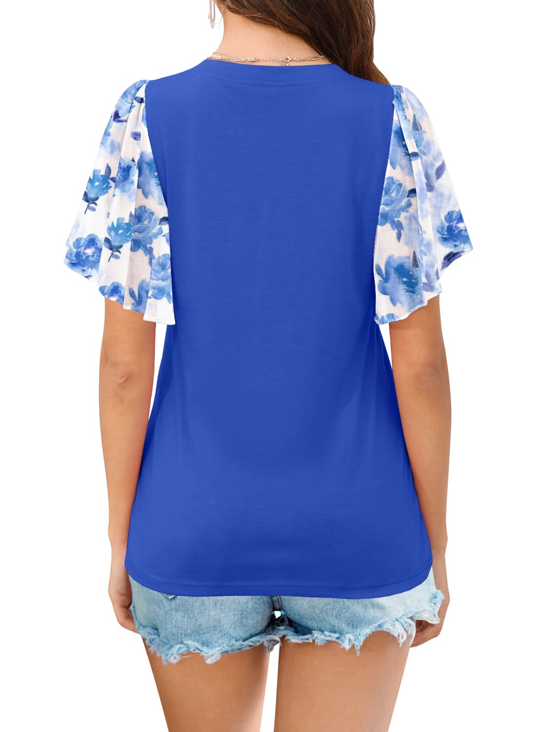 MIHOLL Womens V Neck Ruffle Sleeve T Shirts 2023 Summer Casual Tops Short Sleeve Chiffon Blouse Shirts