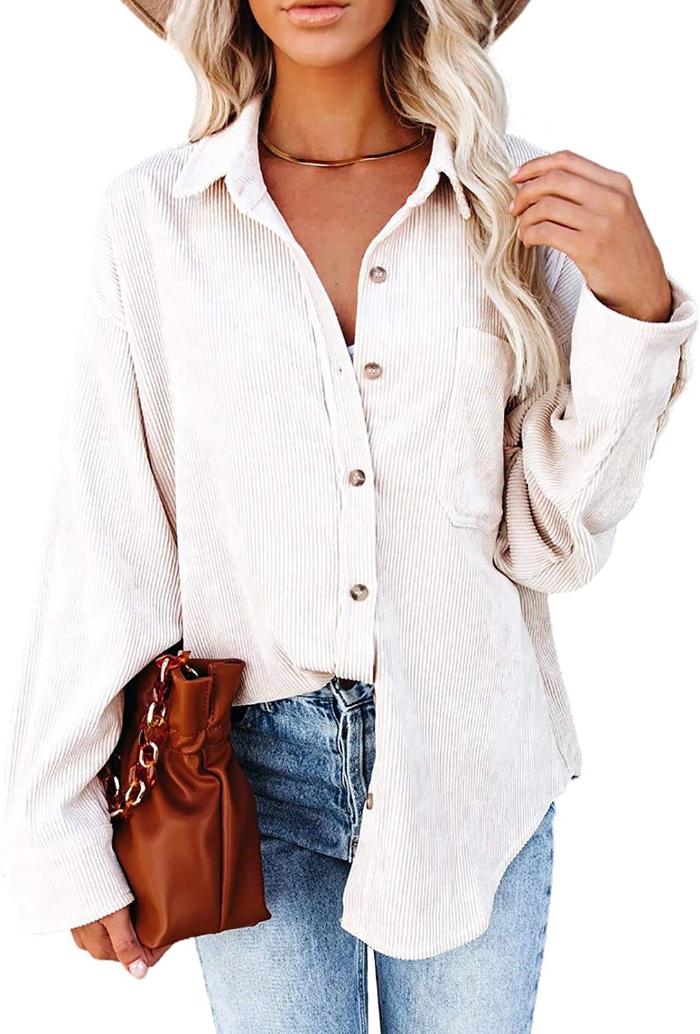 Niuer Women Solid Color Button Down Tunic Shirt Ladies Loose Tops Lapel  Neck Holiday Corduroy Casual Blouse Beige M 