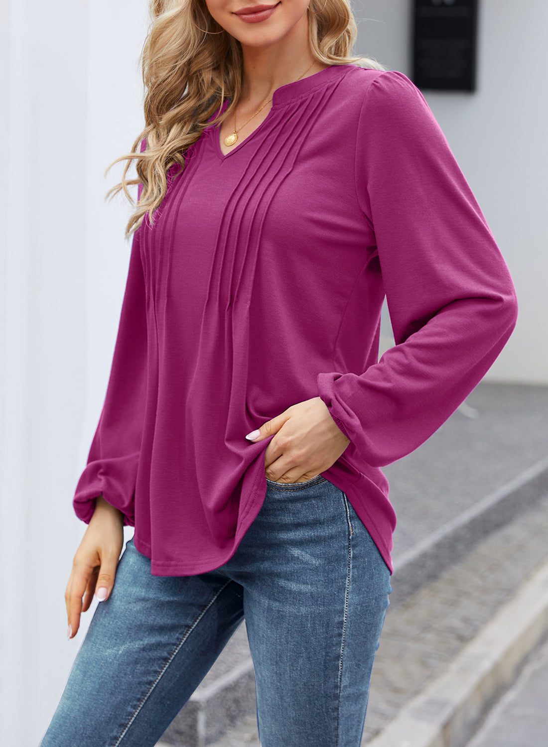 MIHOLL Women's V Neck Puff Long Sleeve T Shirts Pleated Casual Loose Tunic Blouse