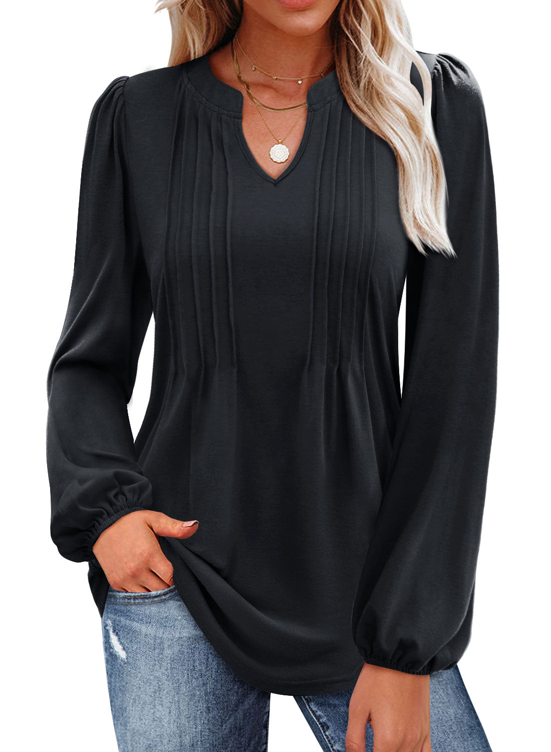 MIHOLL Women's V Neck Puff Long Sleeve T Shirts Pleated Casual Loose Tunic Blouse