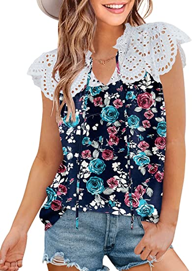 MIHOLL Womens Summer Tops Lace Casual V Neck Loose Floral Blouses Shirts