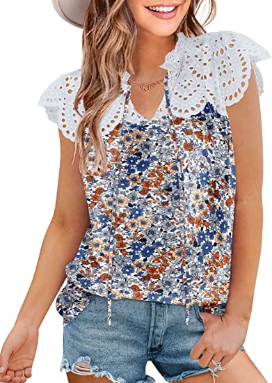 MIHOLL Womens Summer Tops Lace Casual V Neck Loose Floral Blouses Shirts