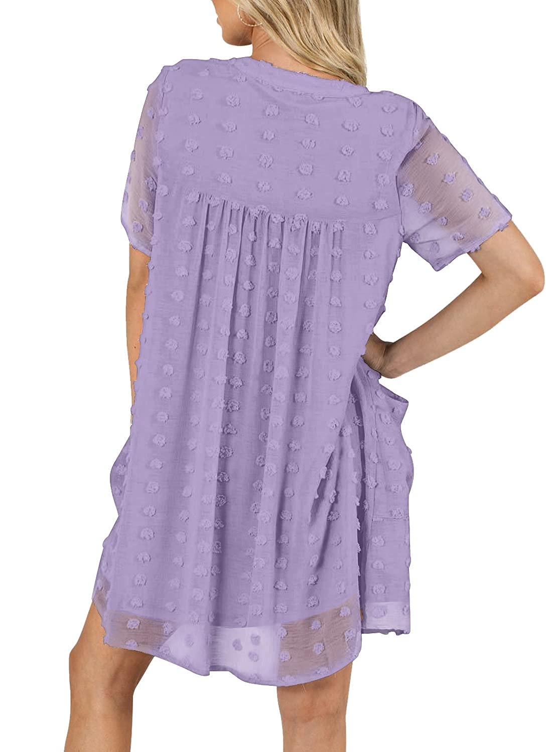 MIHOLL Women's V Neck Short Sleeve Ruffle Loose Summer Flowy Mini Dress
