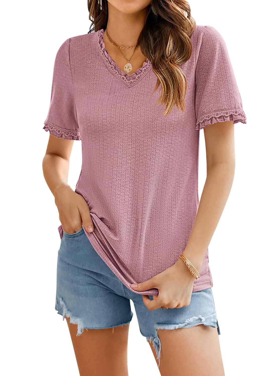 MIHOLL Women's Ruffle V Neck Tops Casual Short Sleeve Tee Cute T-Shirt