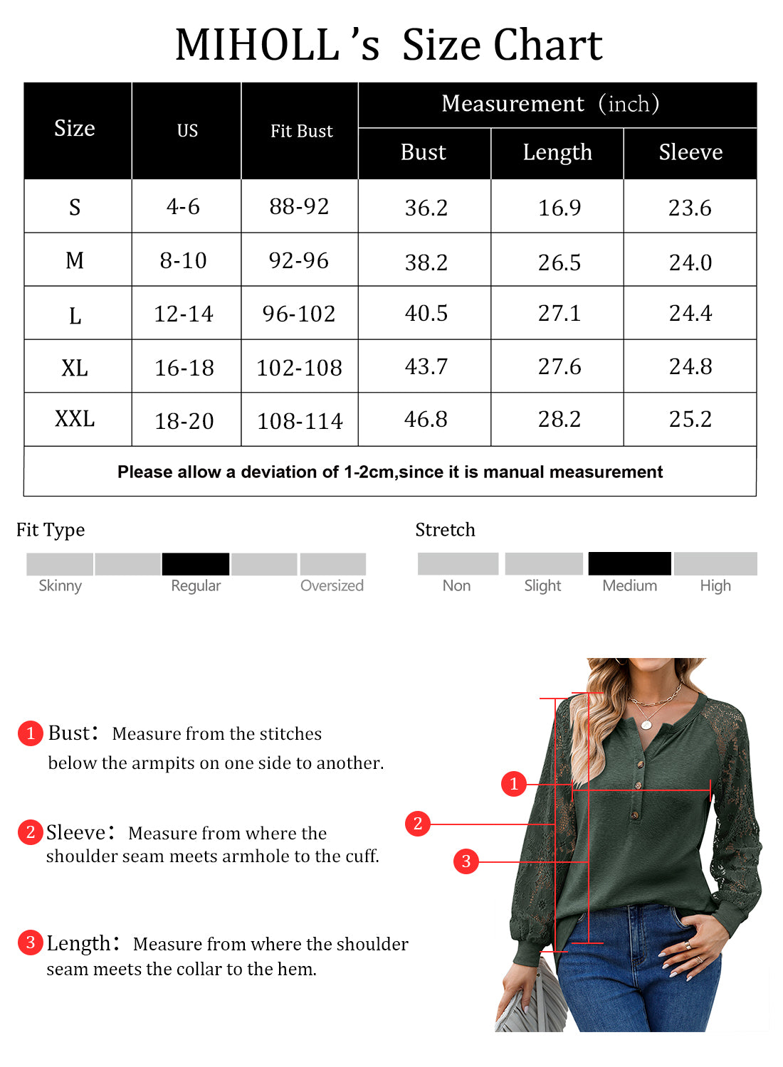 MIHOLL Women’s Long Sleeve Tops Lace V Neck Buttons Up Casual Loose Henley Shirts