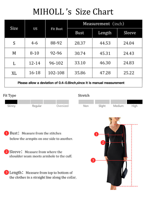 MIHOLL Womens 2023 Sweater Dress Long Sleeve V Neck Twist Front Slim Fit Ribbed Knit Bodycon Midi Dress