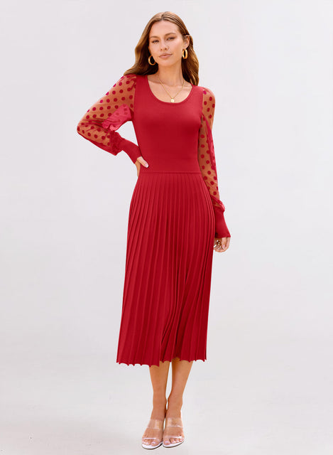 MIHOLL Women's Ribbed Knit Dress Crew Neck Pleated Midi Dresses Mesh Puff Long Sleeve Flowy Sweater Dress