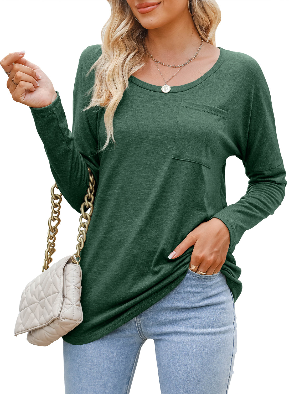 MIHOLL Women's Long Sleeve V-Neck Shirts Loose Casual Tee T-Shirt