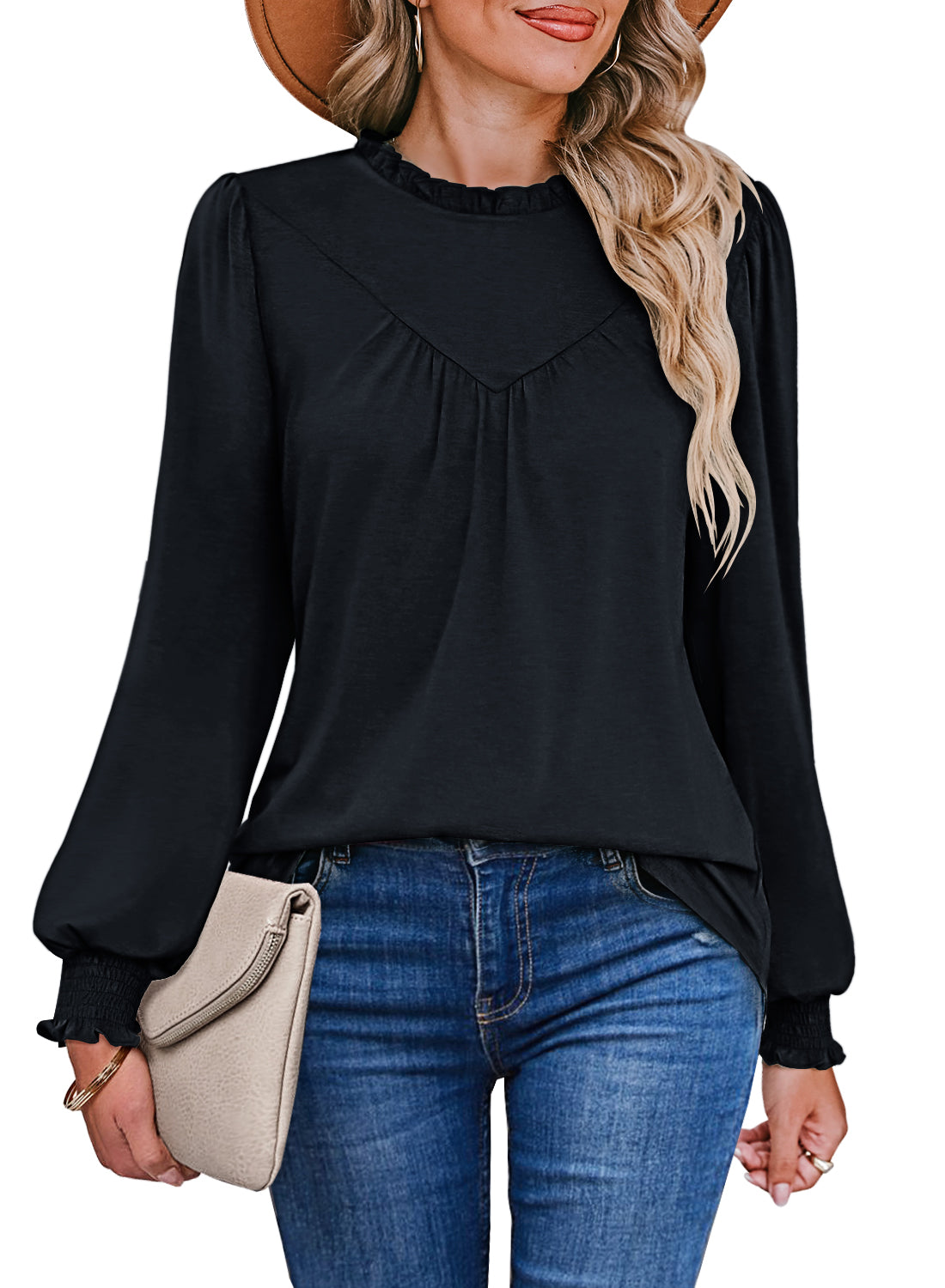 MIHOLL Women's Casual Sweet & Cute Loose Shirt Balloon Sleeve Blouse Top ( Black, Small) at  Women's Clothing store