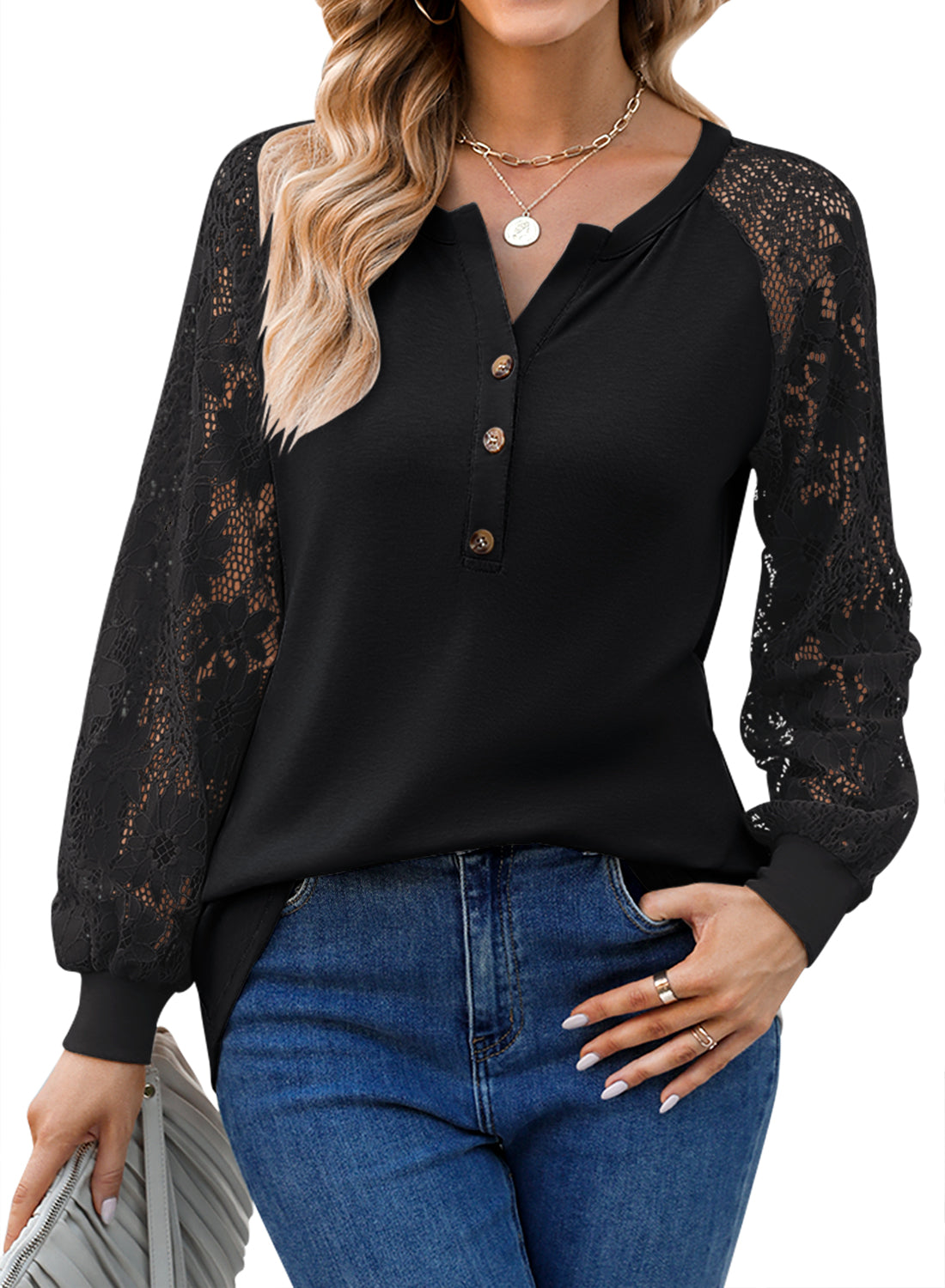 MIHOLL Women’s Long Sleeve Tops Lace V Neck Buttons Up Casual Loose Henley Shirts