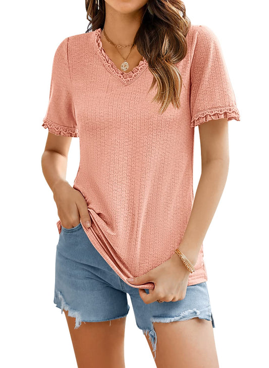XZNGL Casual Summer Tops Fashion Woman Causal Rounk Neck Lace Blouse Short  Sleeve T-Shirt Summer Tops 