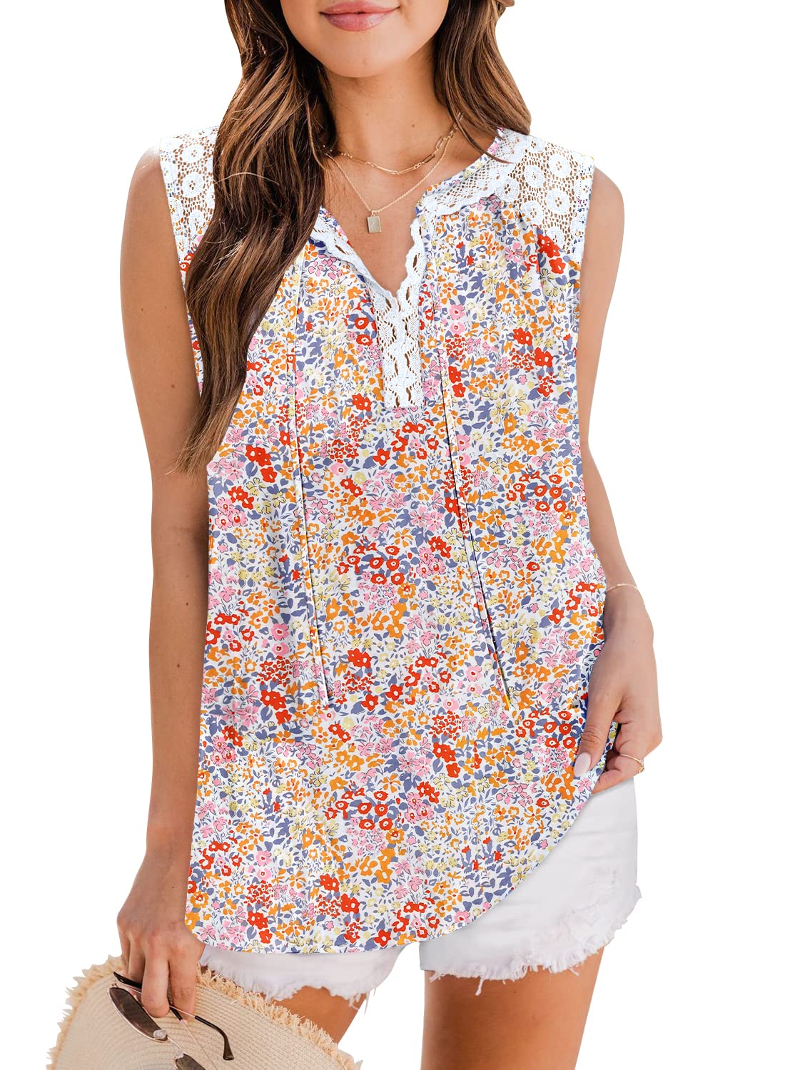 MIHOLL Women's Casual Sleeveless Tops Boho Floral Printed Lace V Neck Tank Top Loose Shirt Blouse