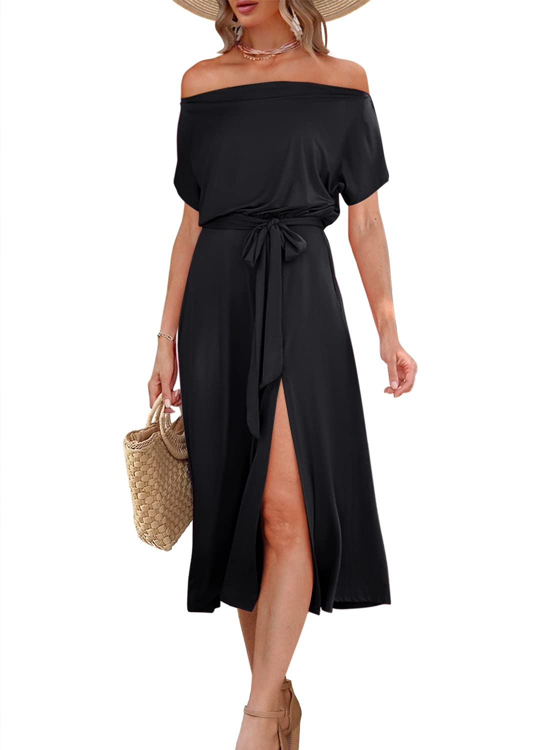 MIHOLL Women's Summer Dress Off Shoulder Short Sleeve Tie Waist Split Midi Dress