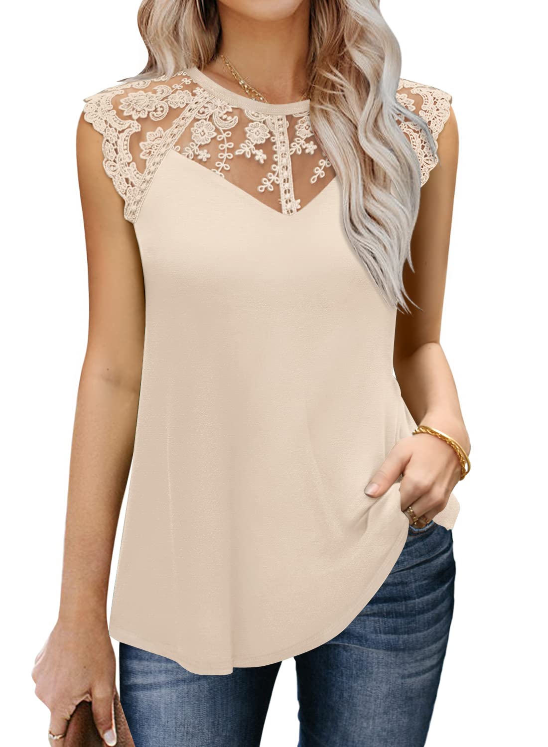 MIHOLL Women's Sleeveless Tops Lace Floral Casual Loose Blouses Tank Shirts