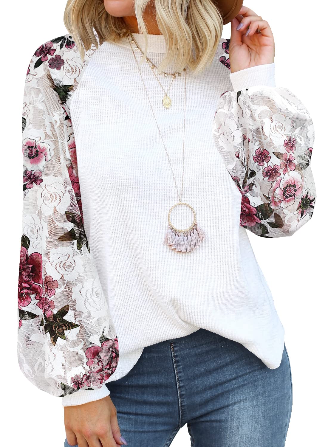 MIHOLL Womens Lace Long Sleeve Tops Floral Print Casual Shirts Blouses