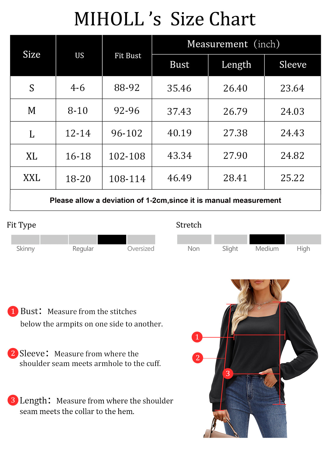 MIHOLL Womens Long Sleeve Tops Square Neck Puff Sleeve Casual Loose Blouse T Shirts