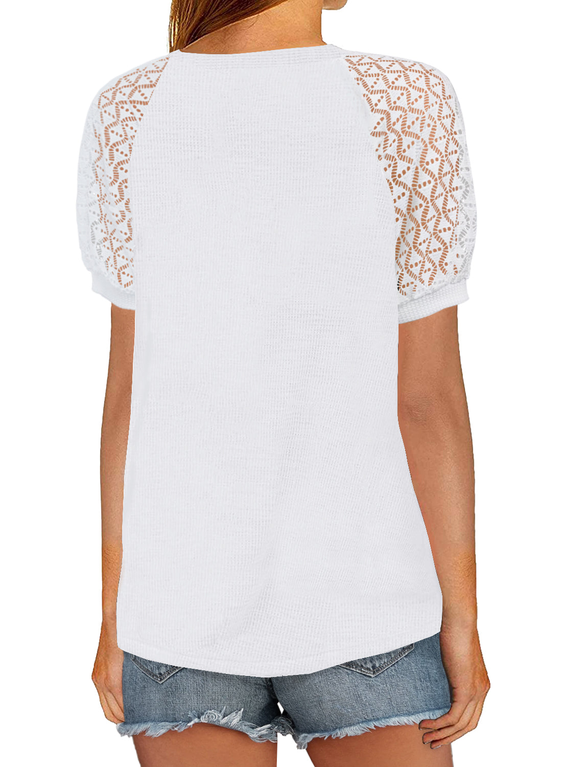 MIHOLL Women's Lace Short Sleeve V Neck Shirts Loose Casual Tops Tee Shirt