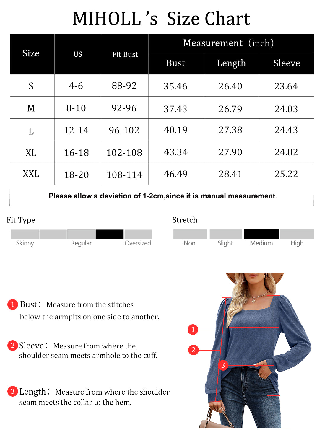 MIHOLL Womens Long Sleeve Tops Square Neck Puff Sleeve Casual Loose Blouse T Shirts